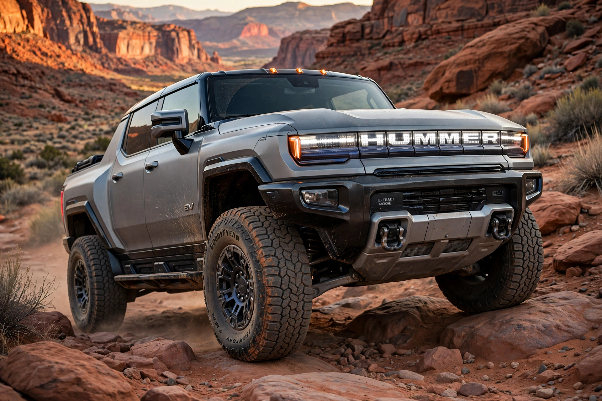A matte gray GMC Hummer EV pickup raised high on its Extract Mode suspension, climbing a rocky desert trail on 35-inch all-terrain tires, the off-road stance the hummer 2026 was built to show off
