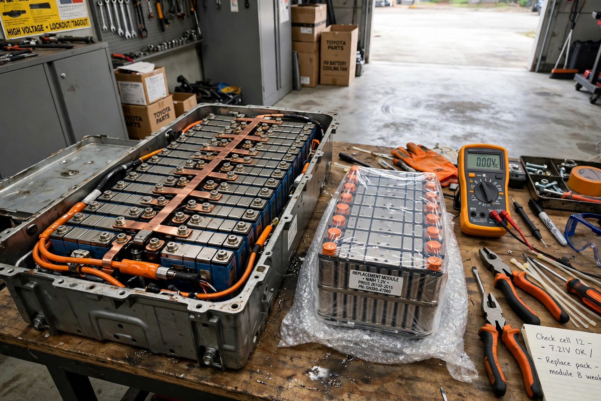 Removed Prius hybrid battery pack open on a workbench with orange high-voltage cables and rows of NiMH modules, beside the replacement module stack that decides the hybrid battery replacement cost
