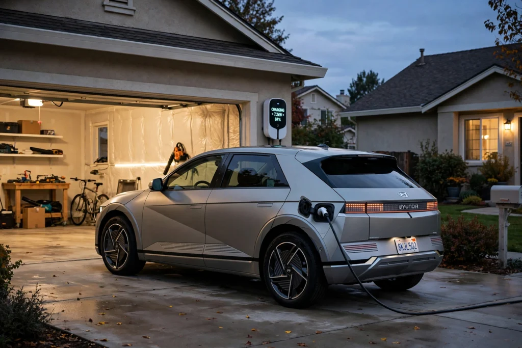 Silver Hyundai Ioniq 5 charging at home in a residential driveway at dusk, wall charger showing 84 percent charge