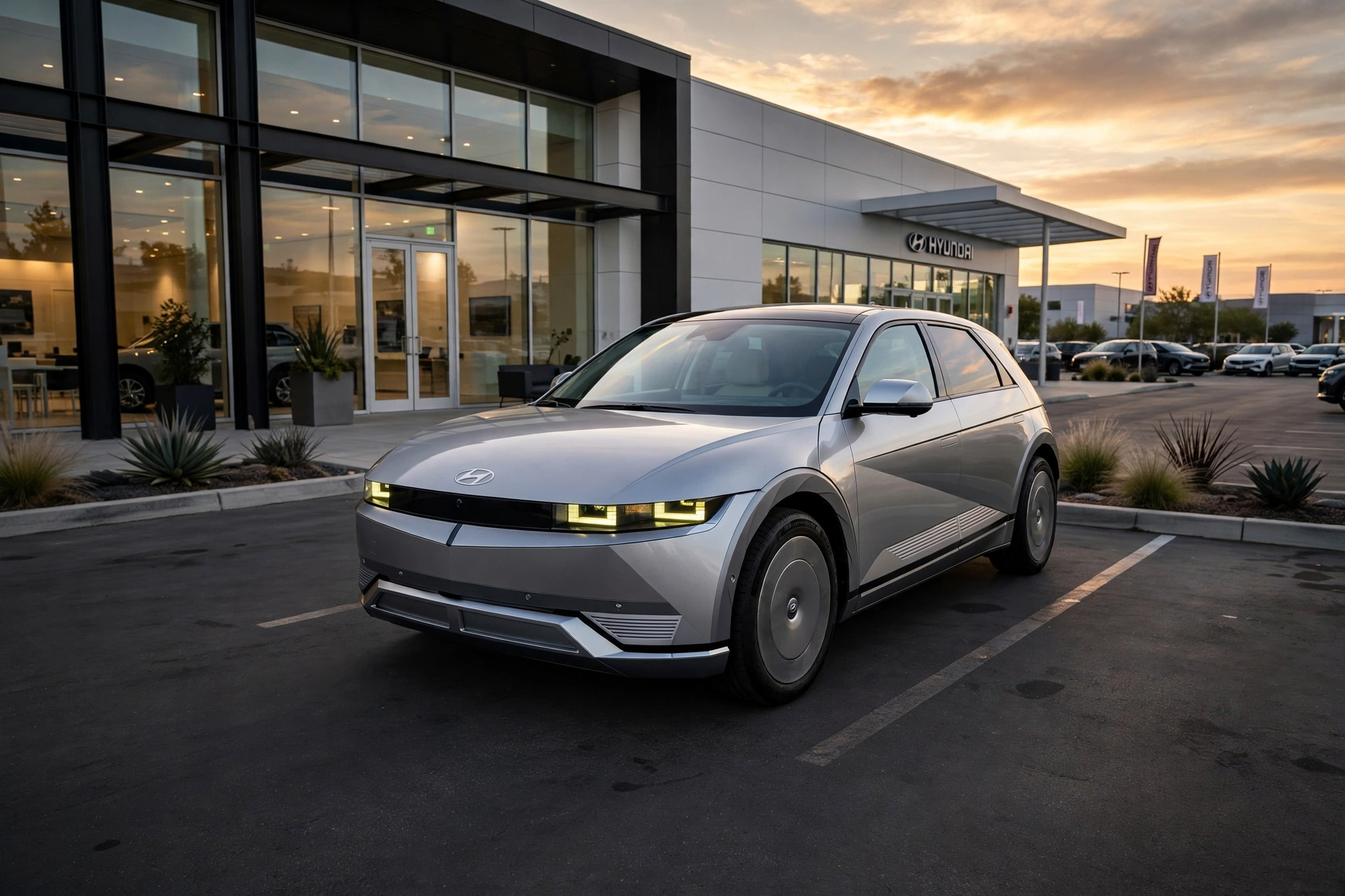 Silver 2027 Hyundai Ioniq 5 parked outside a Hyundai dealership at sunset