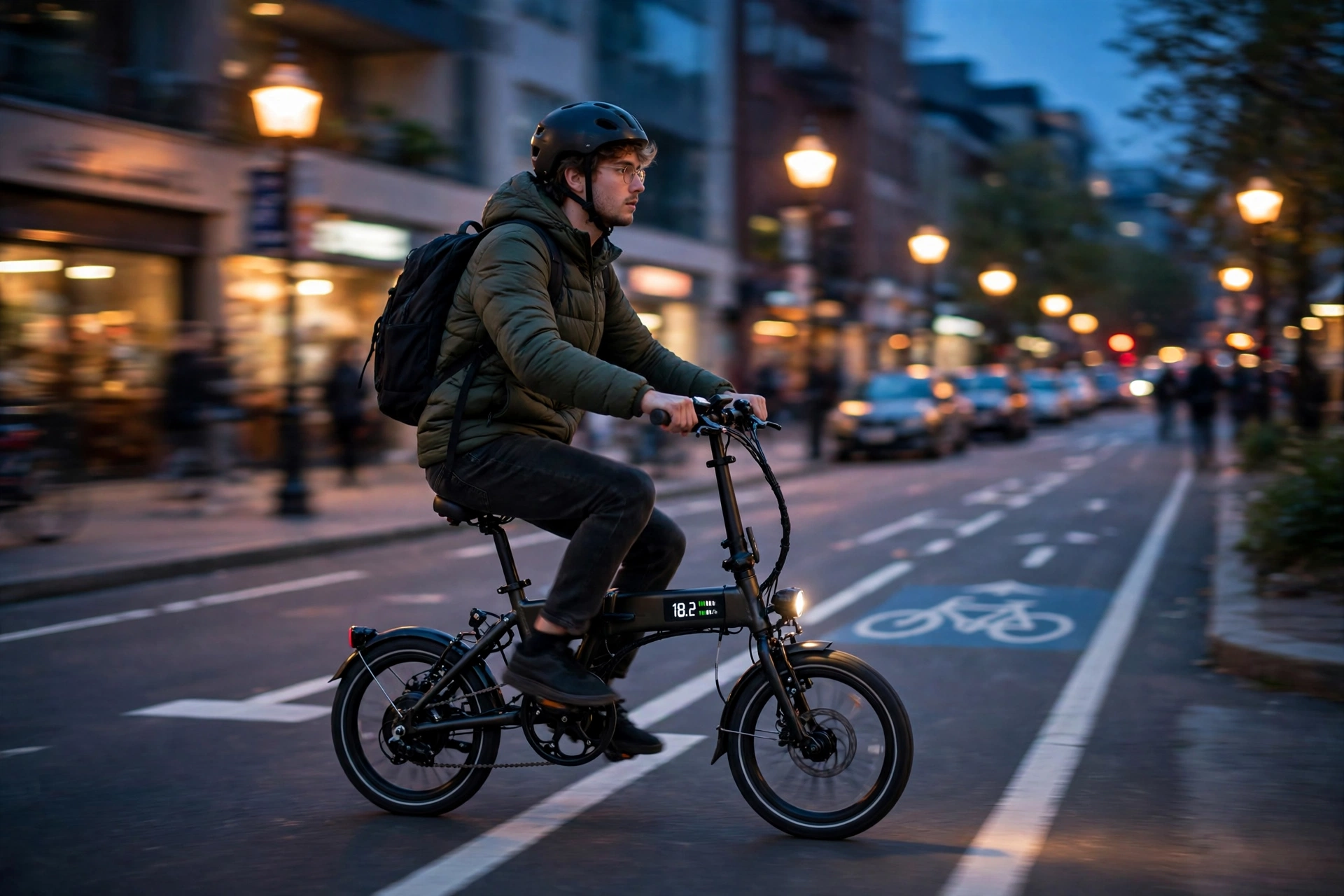 Rider commuting on a small folding Jetson electric bike through a city bike lane at dusk
