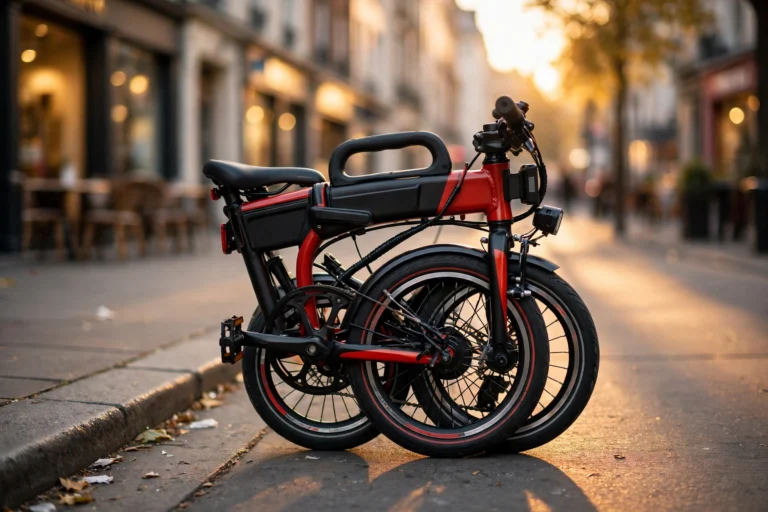Red and black Jetson Bolt Pro compact electric bike with 14-inch wheels parked on a city sidewalk at golden hour