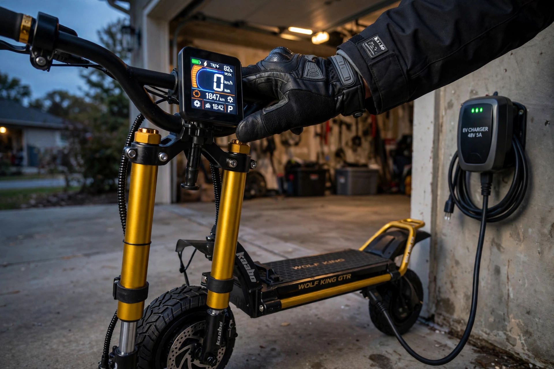 Kaabo King GTR electric scooter TFT display and gold dual-stem front end while charging in a garage