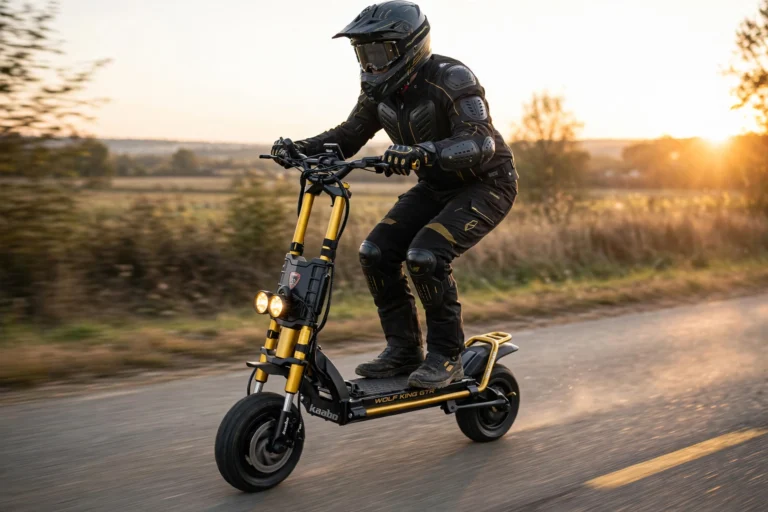 Rider in full motorcycle gear riding a black and gold Kaabo King GTR electric scooter on a rural road at sunset