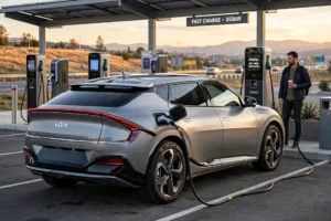 Kia EV6 silver-grey crossover plugged into a DC fast charger at a highway charging station at golden hour