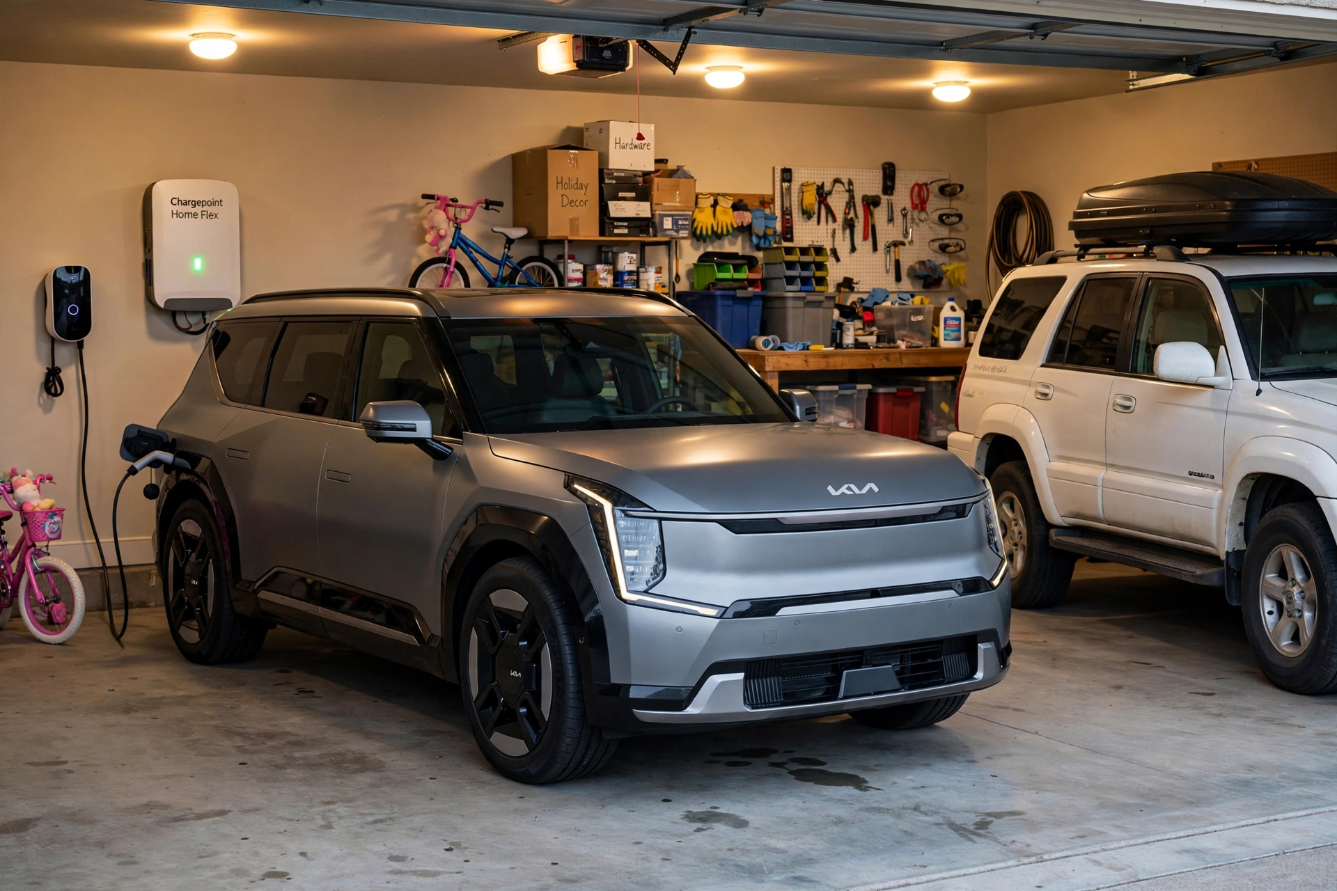 Grey EV9 charging from a wall charger in a family garage beside the older petrol SUV it replaced, the running-cost side of kia ev9 lease deals