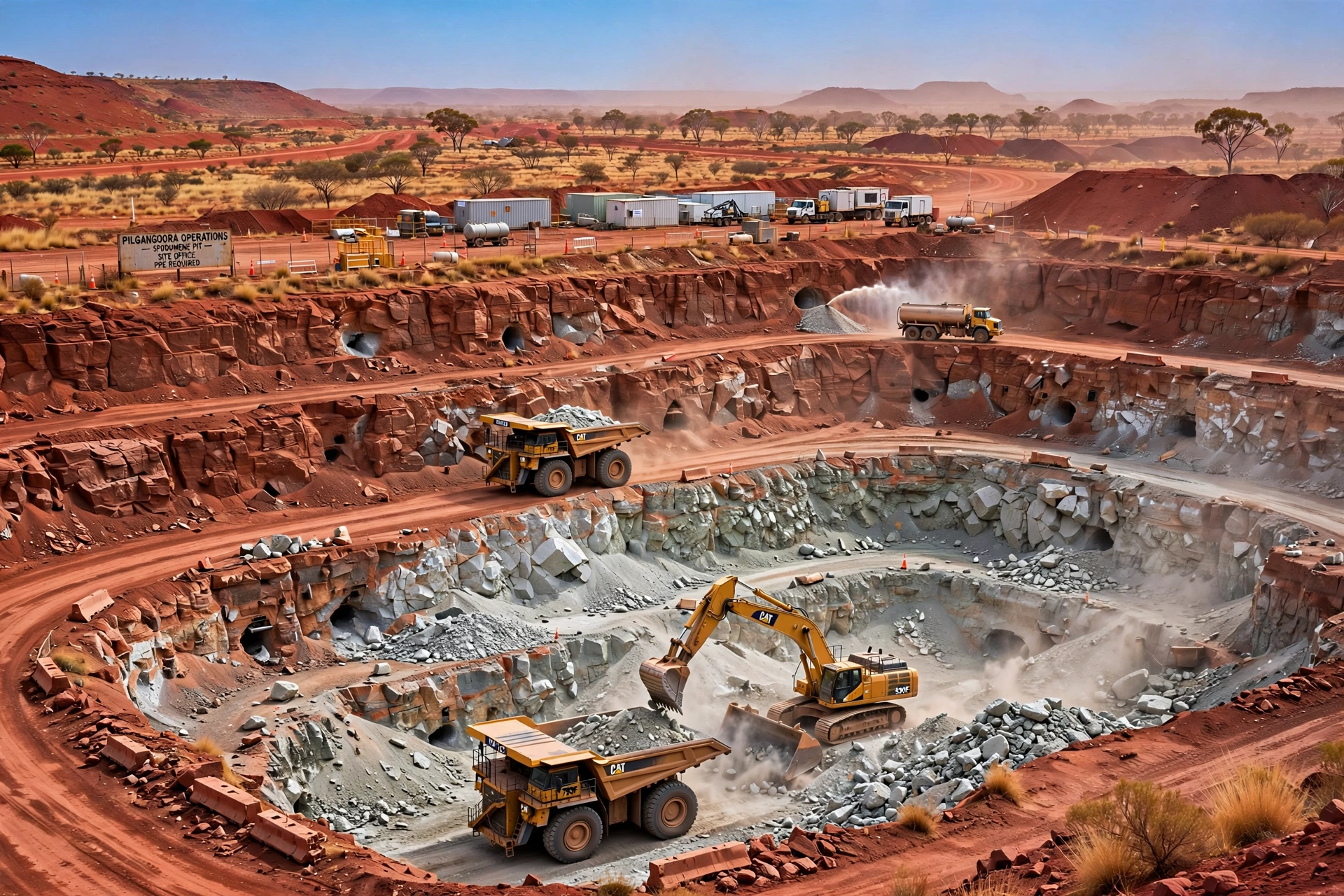 Open-pit hard rock lithium mine with terraced benches and mining trucks