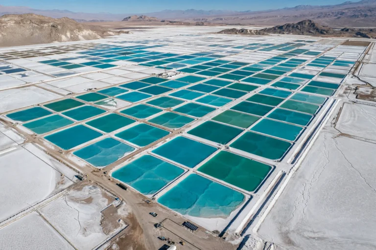 Turquoise lithium brine evaporation ponds on a white salt flat in the Atacama desert