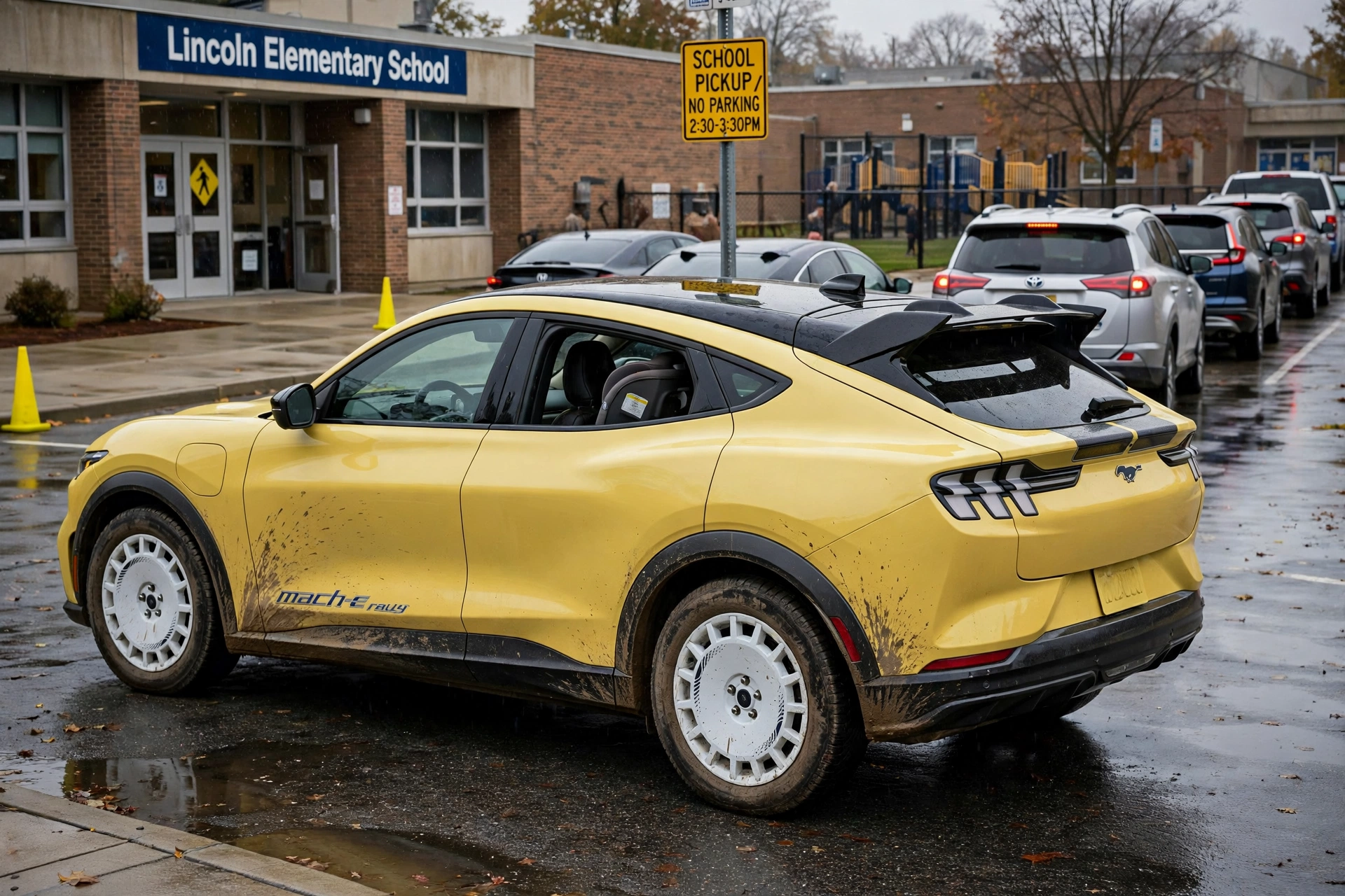 Muddy mach e rally waiting in a school pickup line, child seat visible through the rear window and mud splashed along its doors