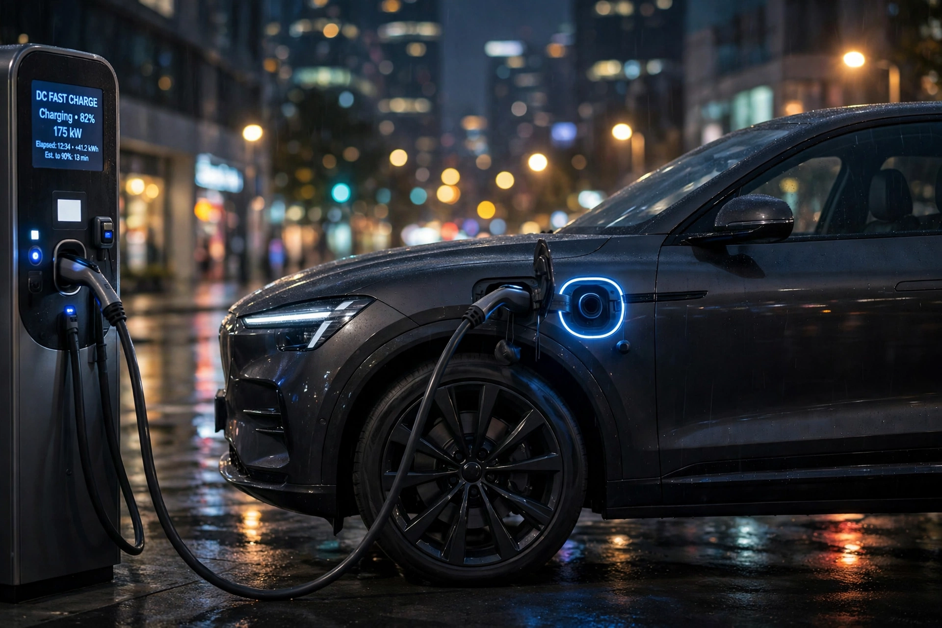 Mercedes electric car SUV plugged into a DC fast charger at night with city lights behind it