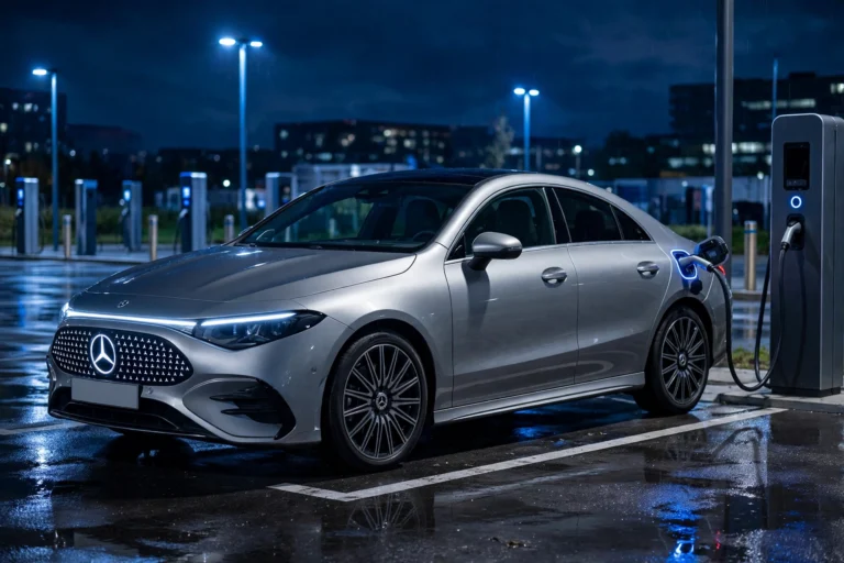 Mercedes-Benz CLA 250+ sedan plugged into a DC fast charger at night, the entry-point mercedes ev with its illuminated star-pattern grille glowing