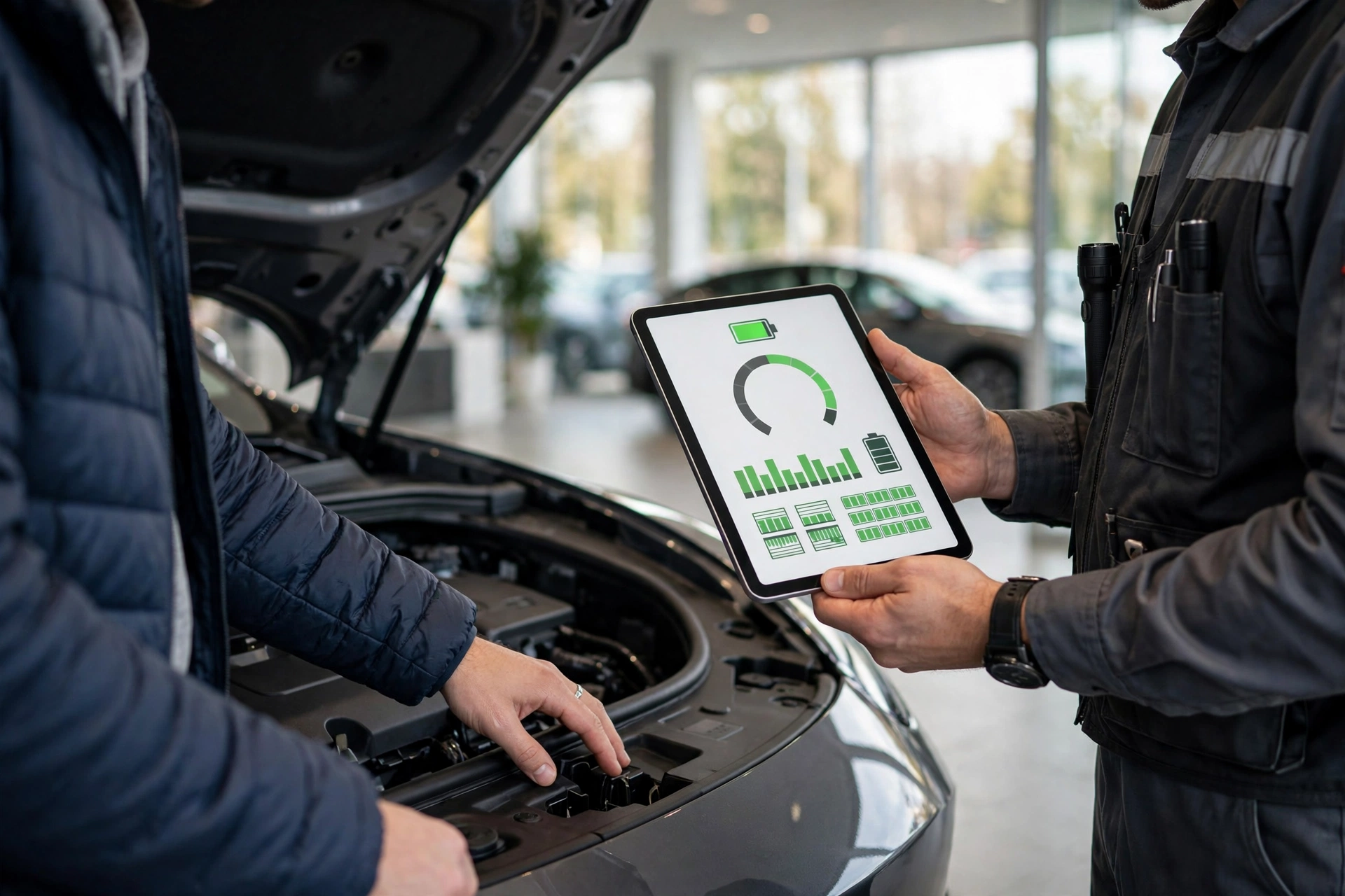 Buyer inspecting a used electric vehicle with battery diagnostic tablet