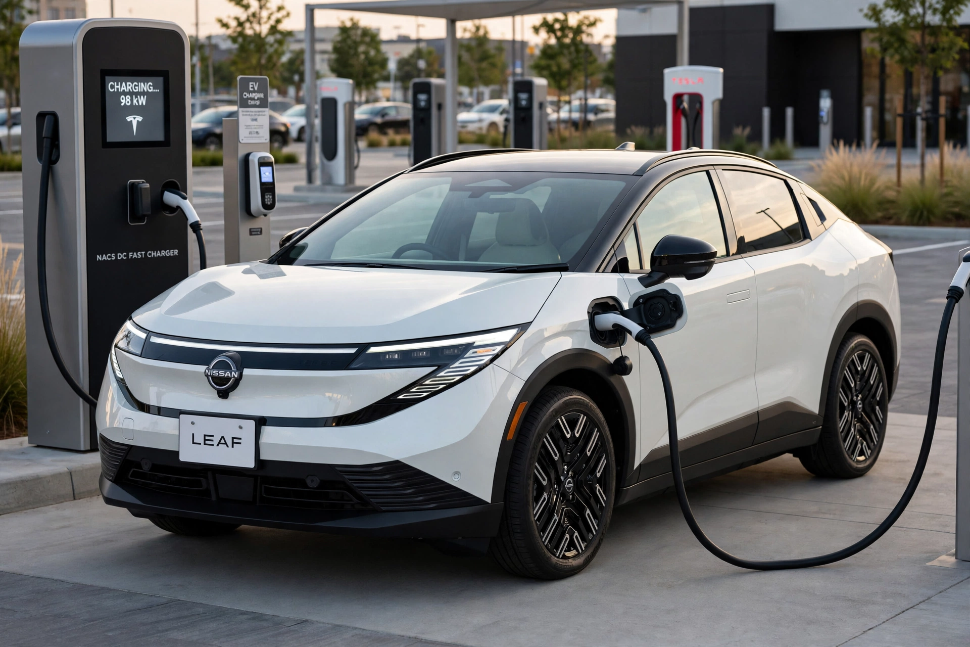 New Nissan Leaf plugged into a NACS fast charger at its front-fender port, showing how this nissan electric car uses Tesla Superchargers