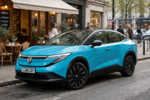 Third-generation Nissan Leaf crossover in bright blue parked outside a café, the nissan electric car that replaced the old hatchback