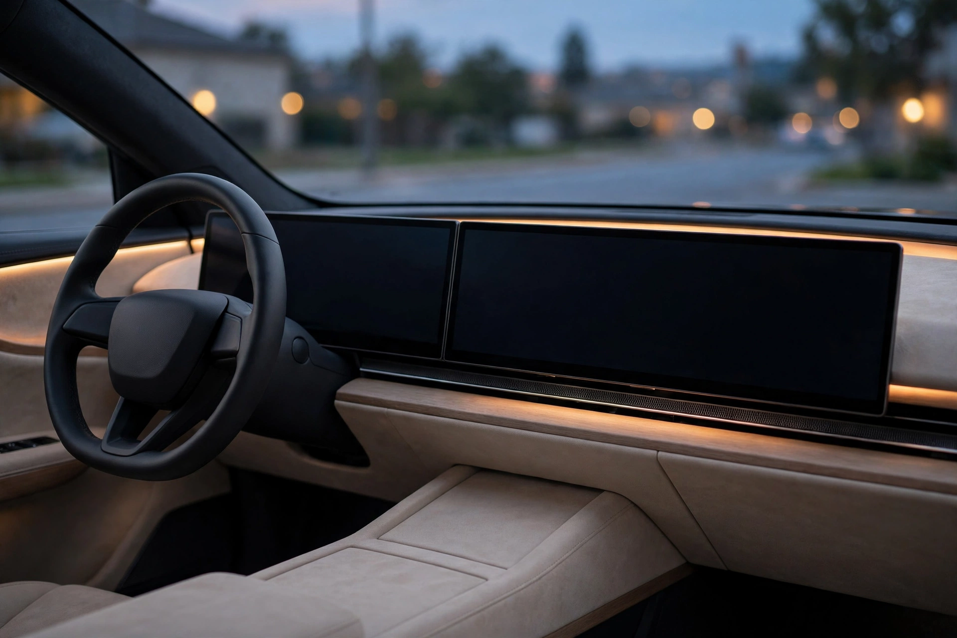 Interior of the 2026 Nissan Leaf with dual wide digital displays and ambient cabin lighting at dusk