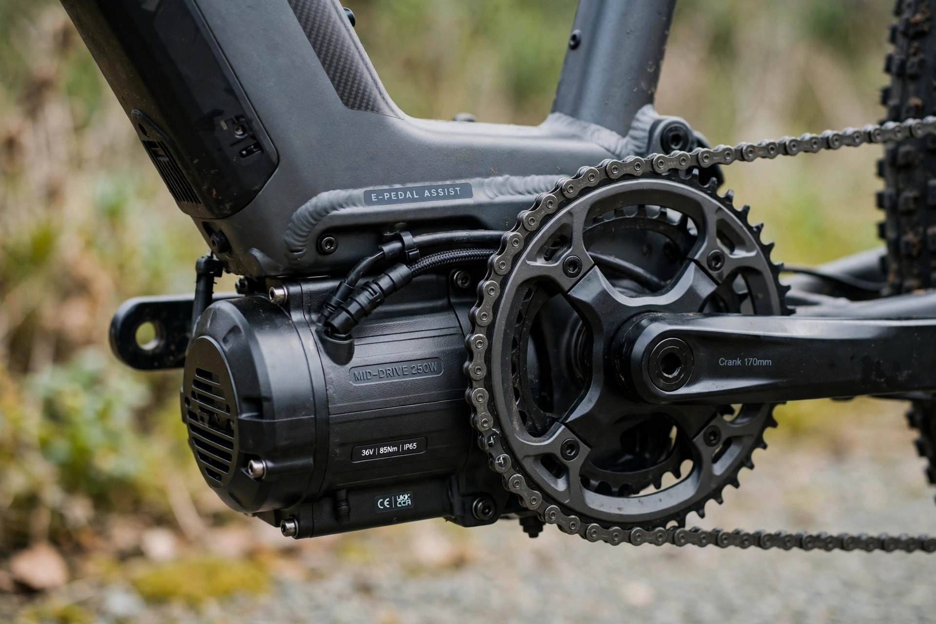 Close-up of a mid-drive motor and crank sensor on a pedal assist electric bike