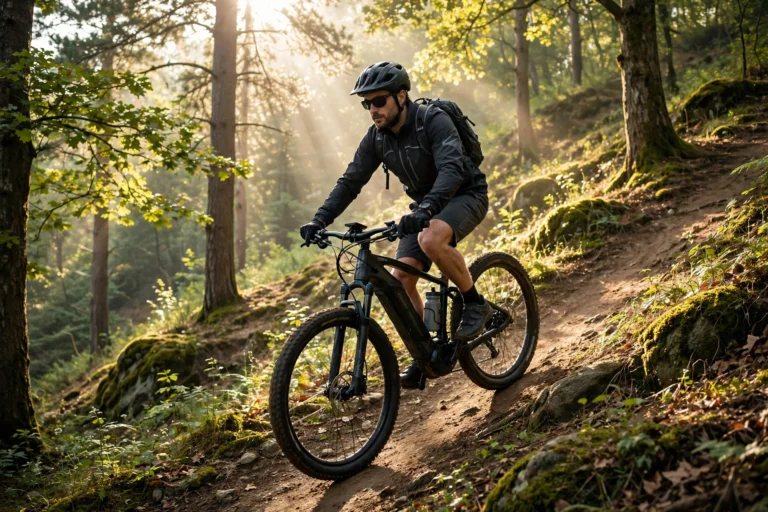 Cyclist riding a pedal assist electric bike up a forest hill path in sunlight