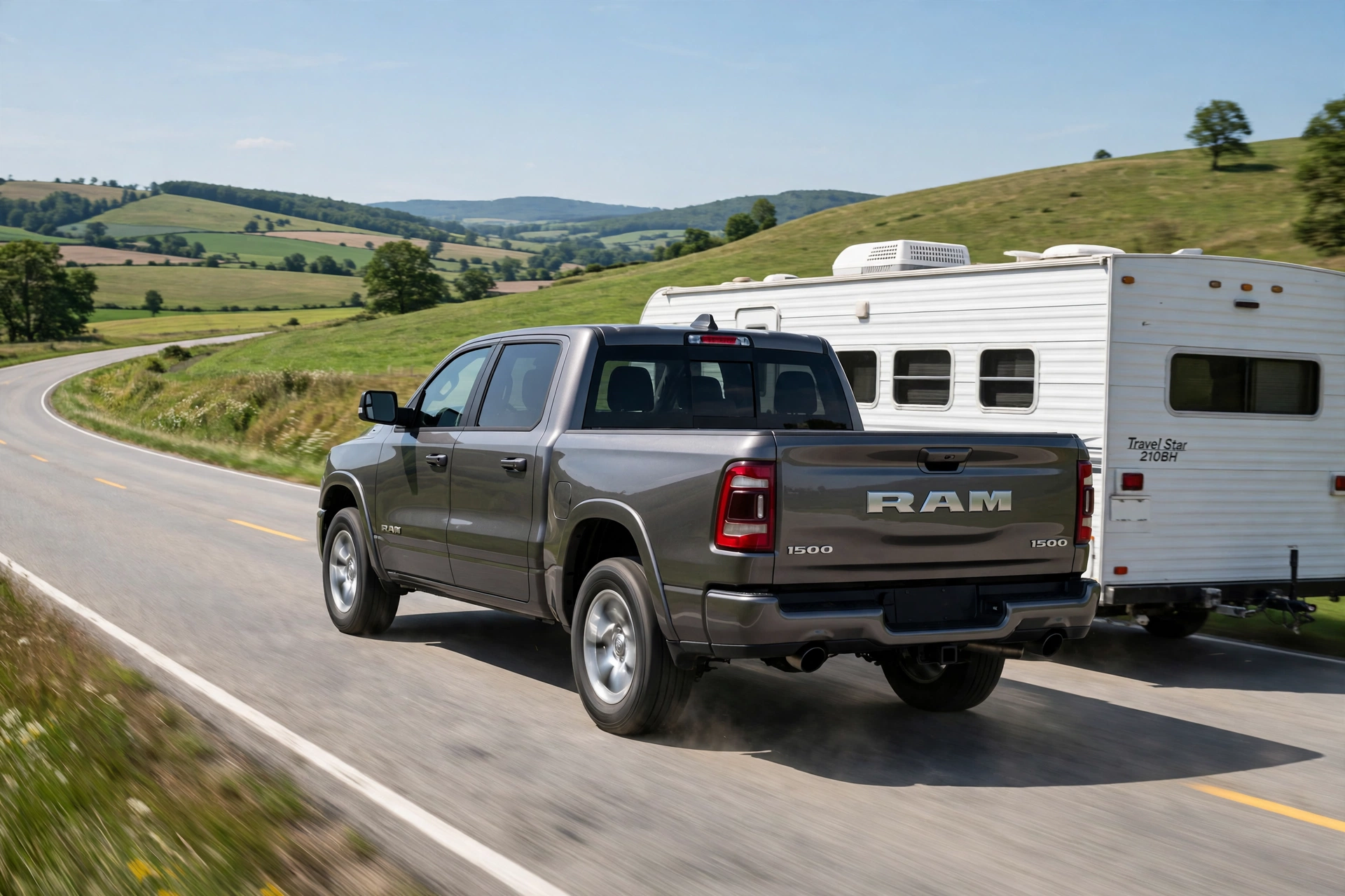 Dark grey Ram 1500 REV pickup towing a white family travel trailer on a highway through rolling green hills