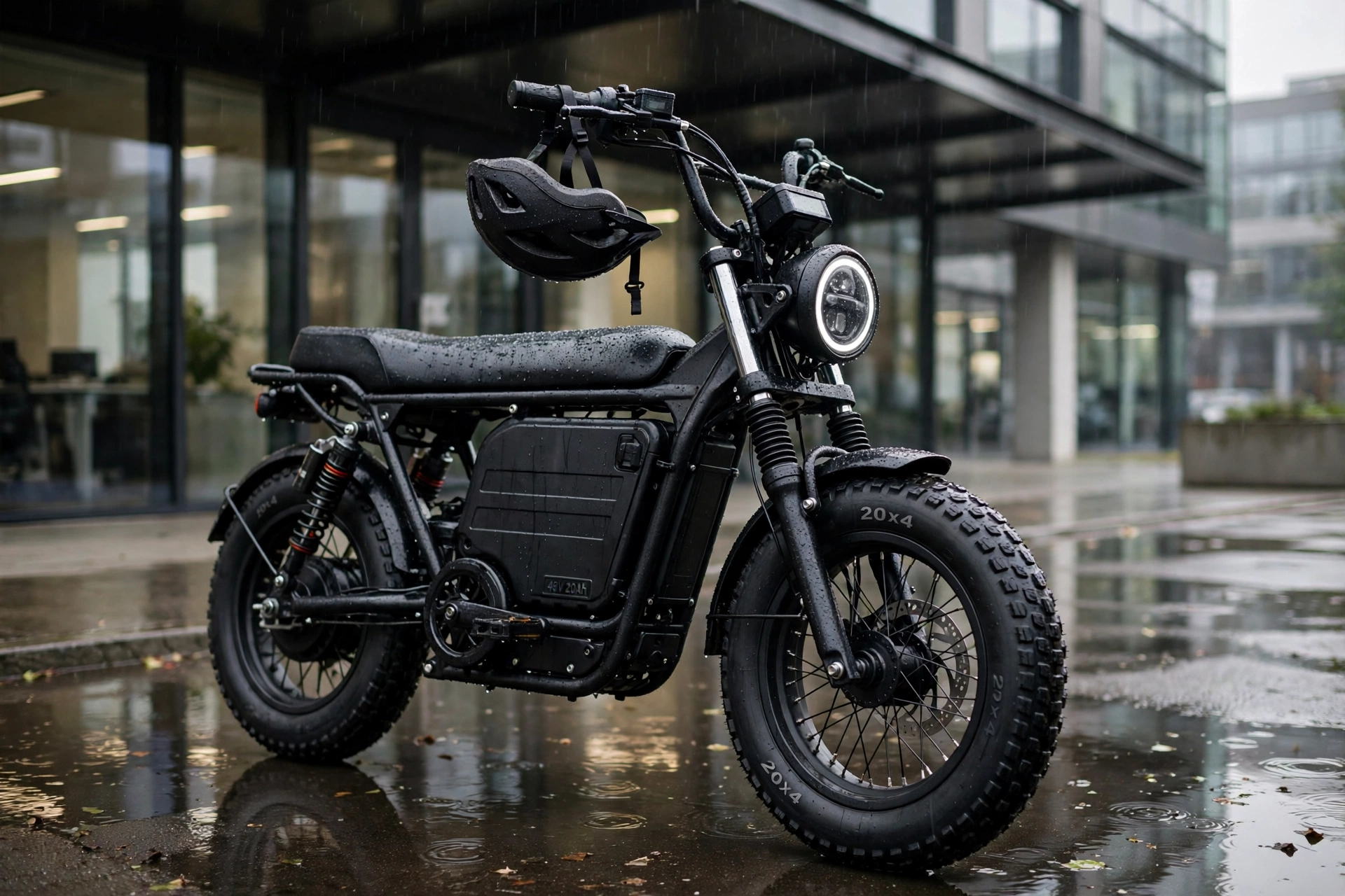 A ridstar electric bike with a rain-wet long bench seat parked under a modern office awning on a rainy day, a helmet hanging from the handlebar