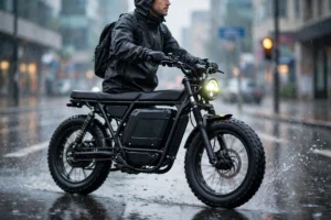 Commuter in a dark rain jacket riding a matte black ridstar electric bike with fat 20-inch tyres, a long bench seat and a round headlight through light rain on a wet city street