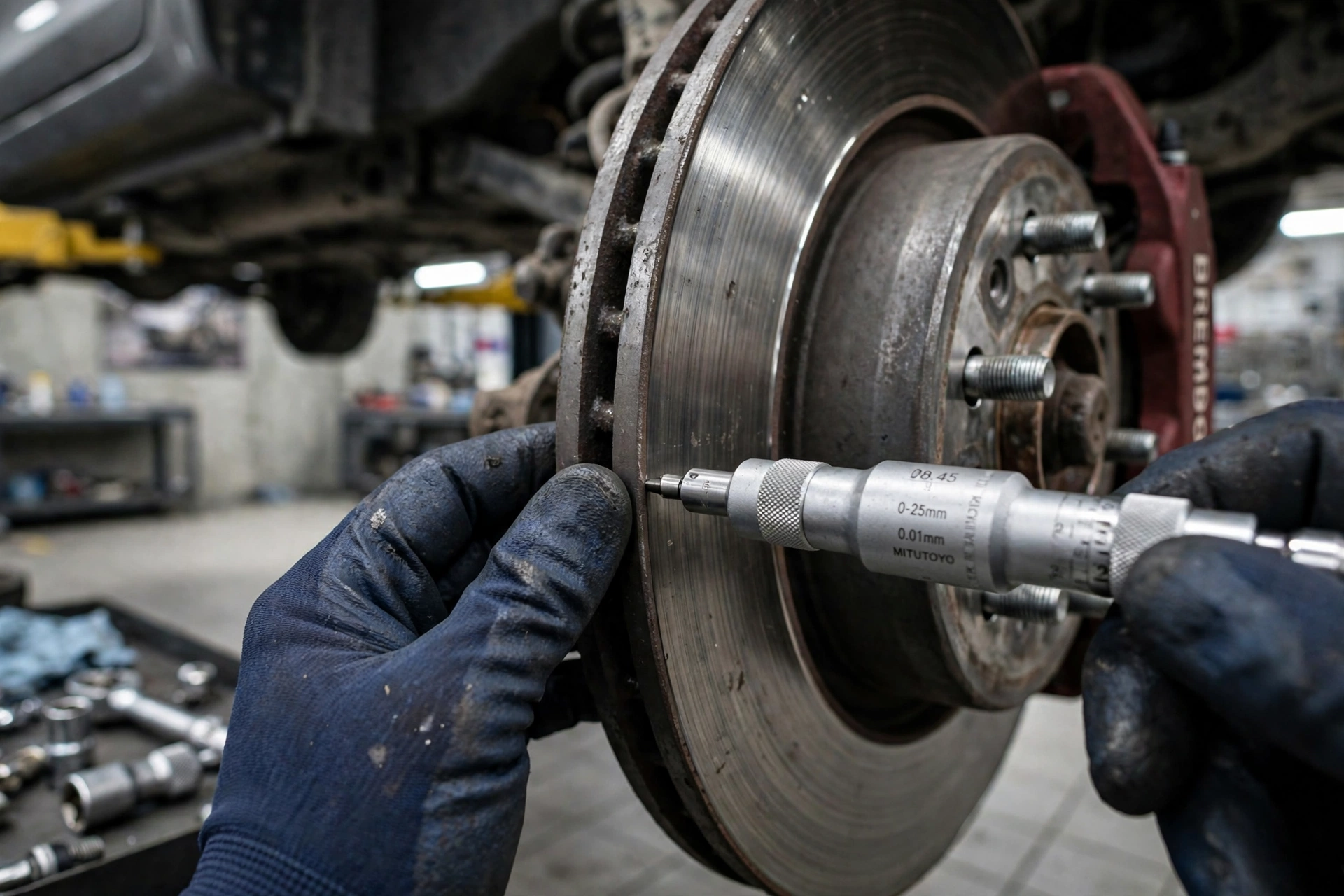 Technician measuring a Rivian brake rotor with a micrometer during a rivian brake and suspension repair inspection, light rust visible on the rotor edge