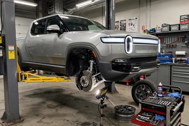 Rivian R1T raised on a workshop lift with its front wheel removed during rivian brake and suspension repair, showing the brake disc, Rivian caliper and air-suspension strut