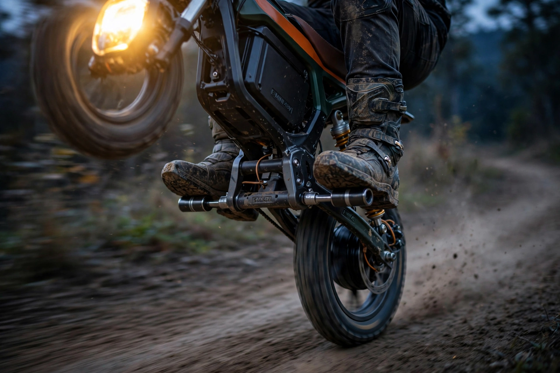 Rider performing a controlled wheelie on a Rizzler electric bike on a closed dirt course