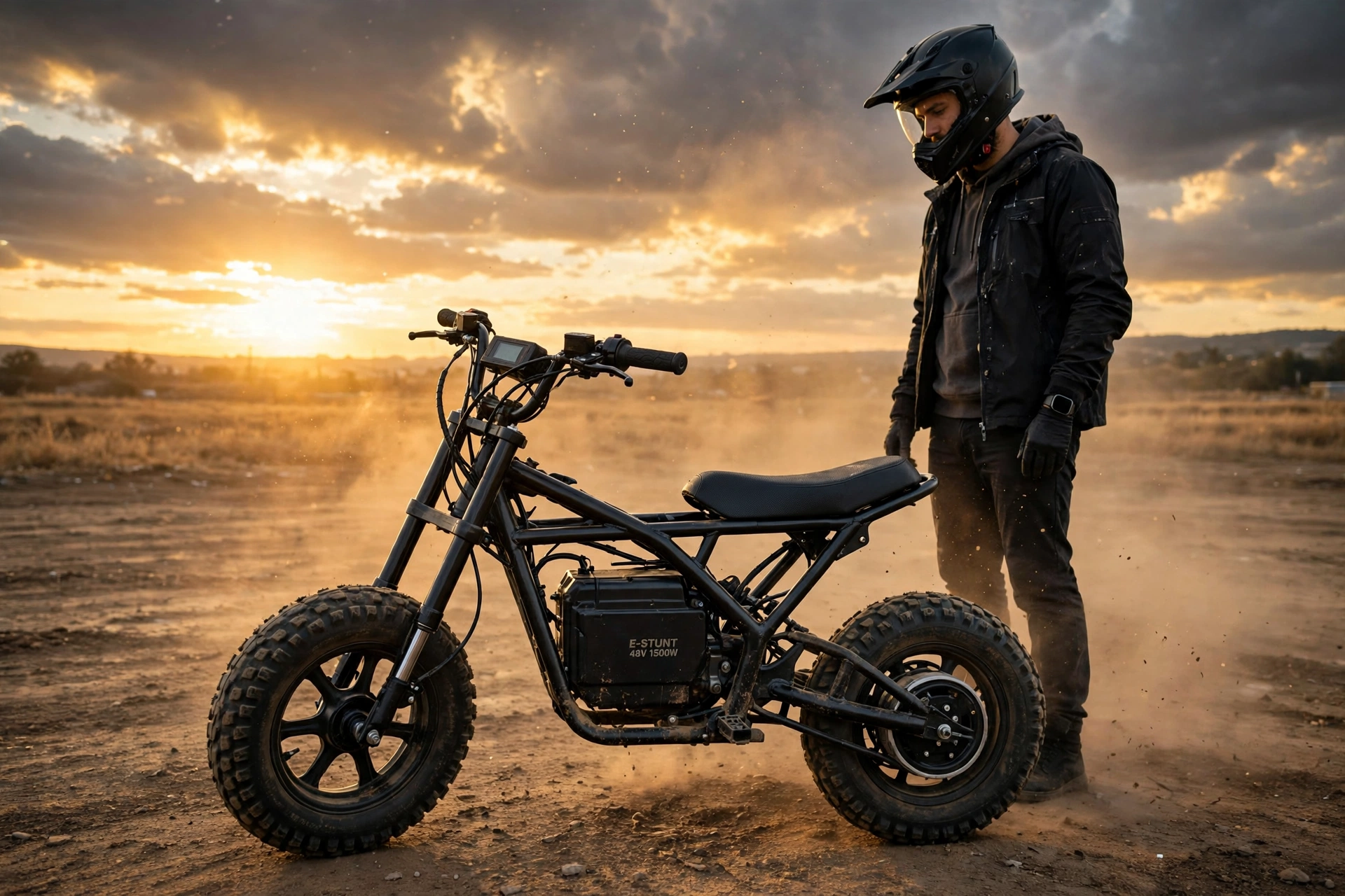 Rizzler electric bike stunt mini bike on a dirt track at golden hour