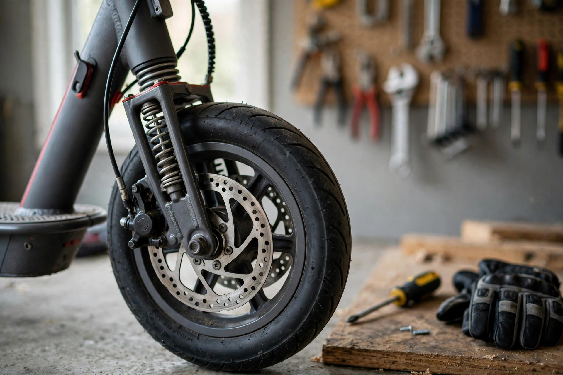 Close-up of a roinside electric scooter front wheel in a garage, showing the spring suspension fork, cable disc brake rotor and caliper that decide its stopping distance