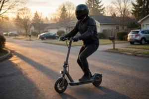 Rider wearing a full-face helmet and gloves riding a roinside electric scooter with a slim folding stem and small solid tyres down an empty suburban street at dawn