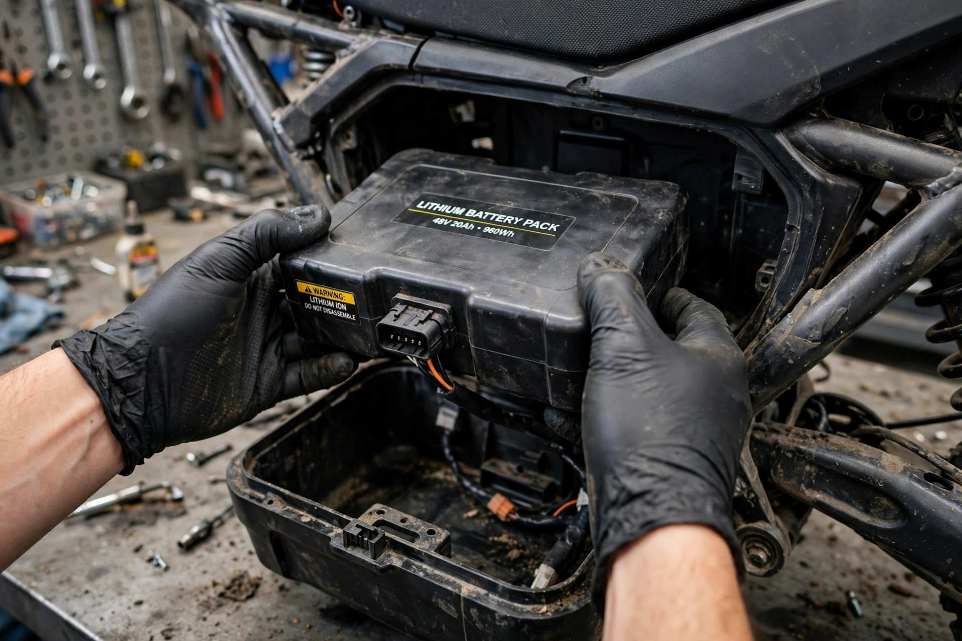 Close-up of gloved hands lifting a swappable lithium battery pack from under the seat of an electric pit bike