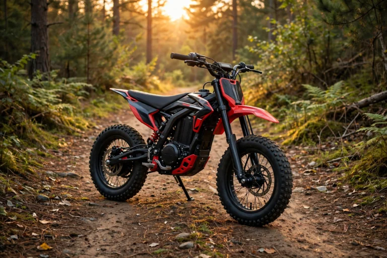 Compact black and red electric pit bike with fat knobby tires on a forest dirt trail at golden hour