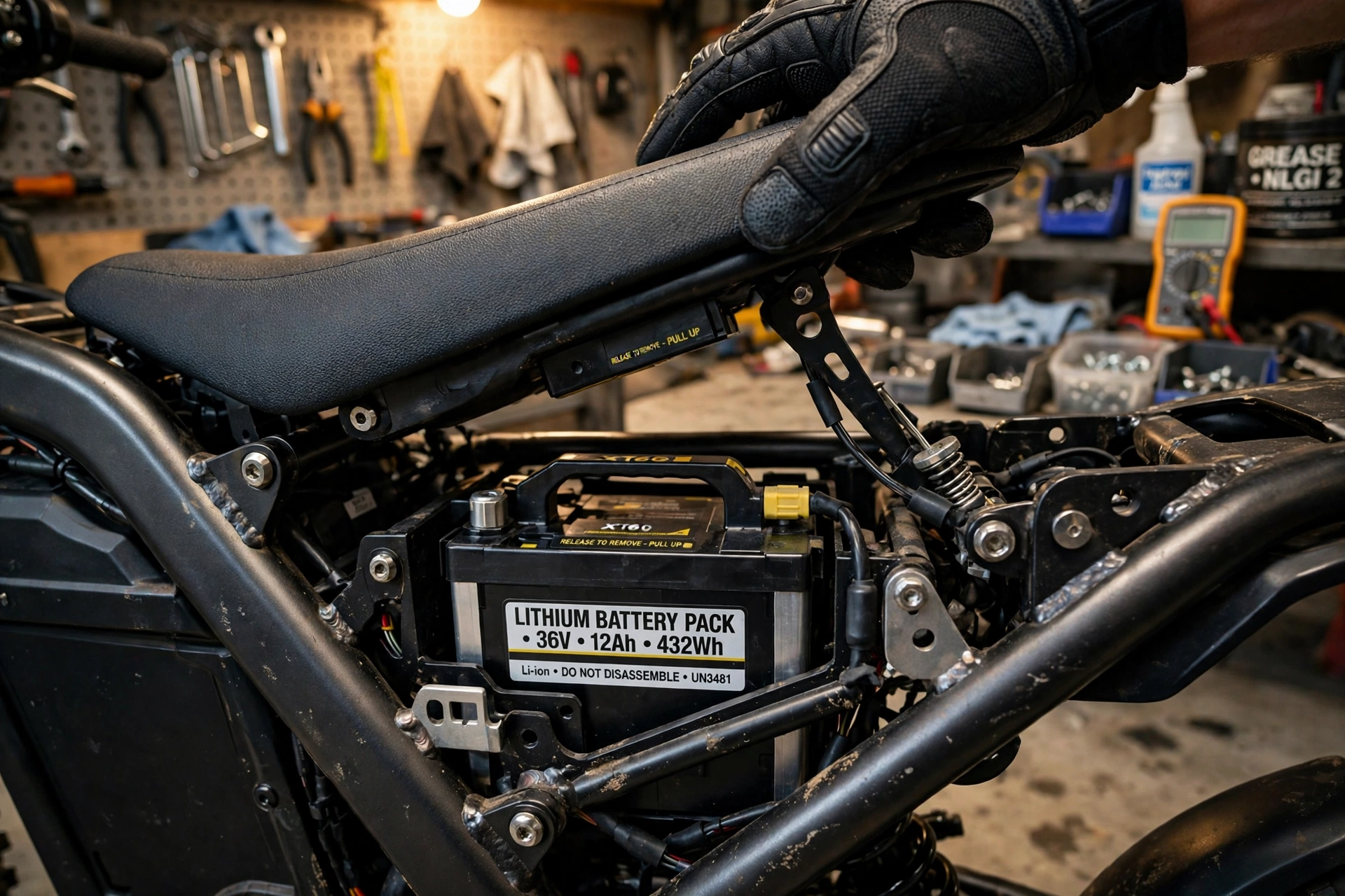 Gloved hand lifting the seat to reveal a swappable lithium battery pack on an electric pit bike