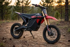Black and red RTR Lite electric pit bike parked on a dirt forest trail at sunset