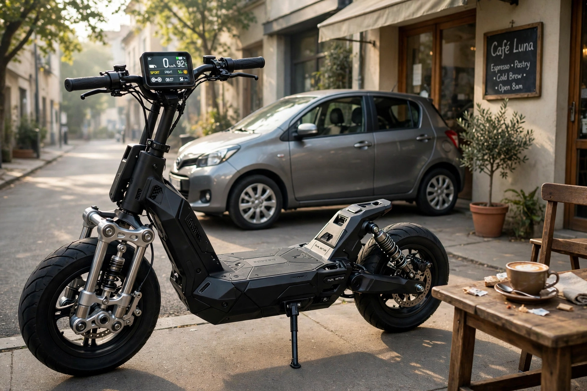 Segway gt3 pro parked on its kickstand outside a café beside a compact hatchback car, showing the size of the large dual-motor scooter