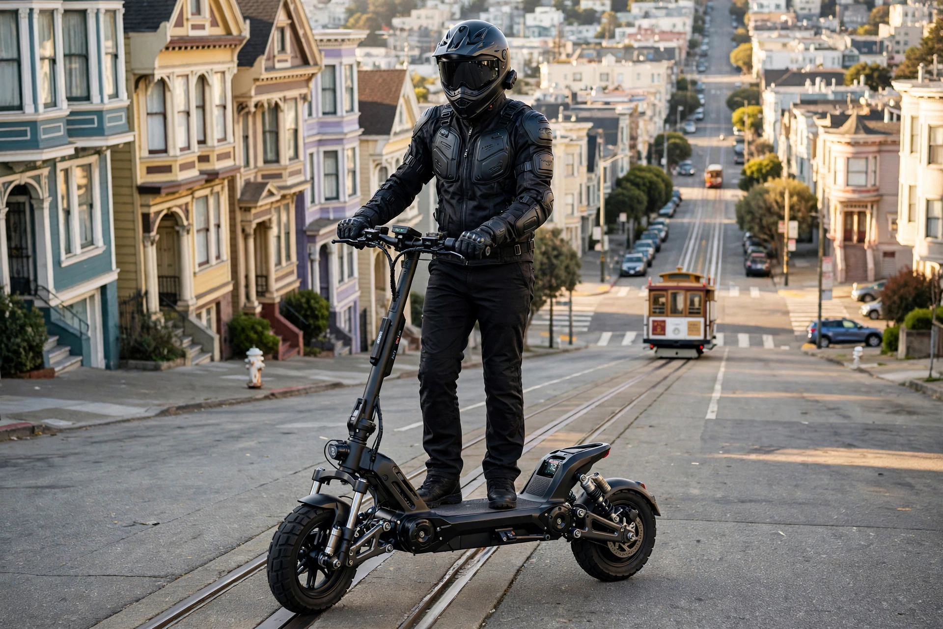 Geared rider in a full-face helmet and armored jacket climbing a steep San Francisco hill on a segway gt3 pro dual-motor performance scooter