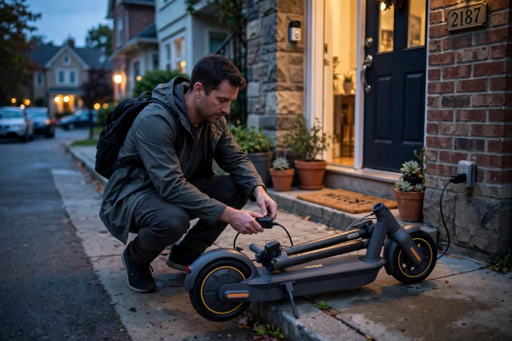Commuter folding a dark grey Segway Ninebot Max G30P electric scooter at home in the evening to charge it overnight