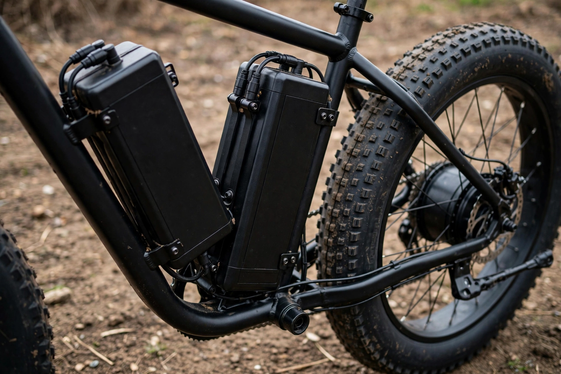 Close-up of the Segway Xyber frame showing two battery packs and the rear hub motor