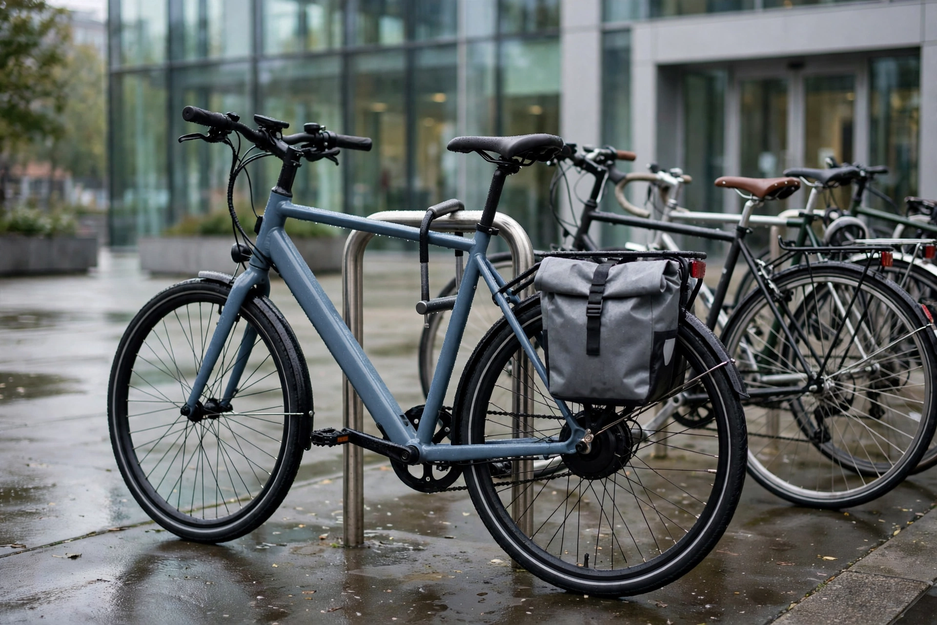 Slate-blue soltera 2.5 e bike with a rear rack and grey pannier locked to a bike rack outside an office building