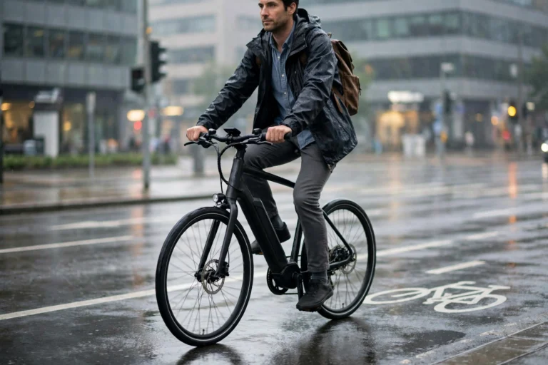 Commuter in a rain jacket riding the matte black soltera 2.5 e bike along a wet city bike lane in morning light