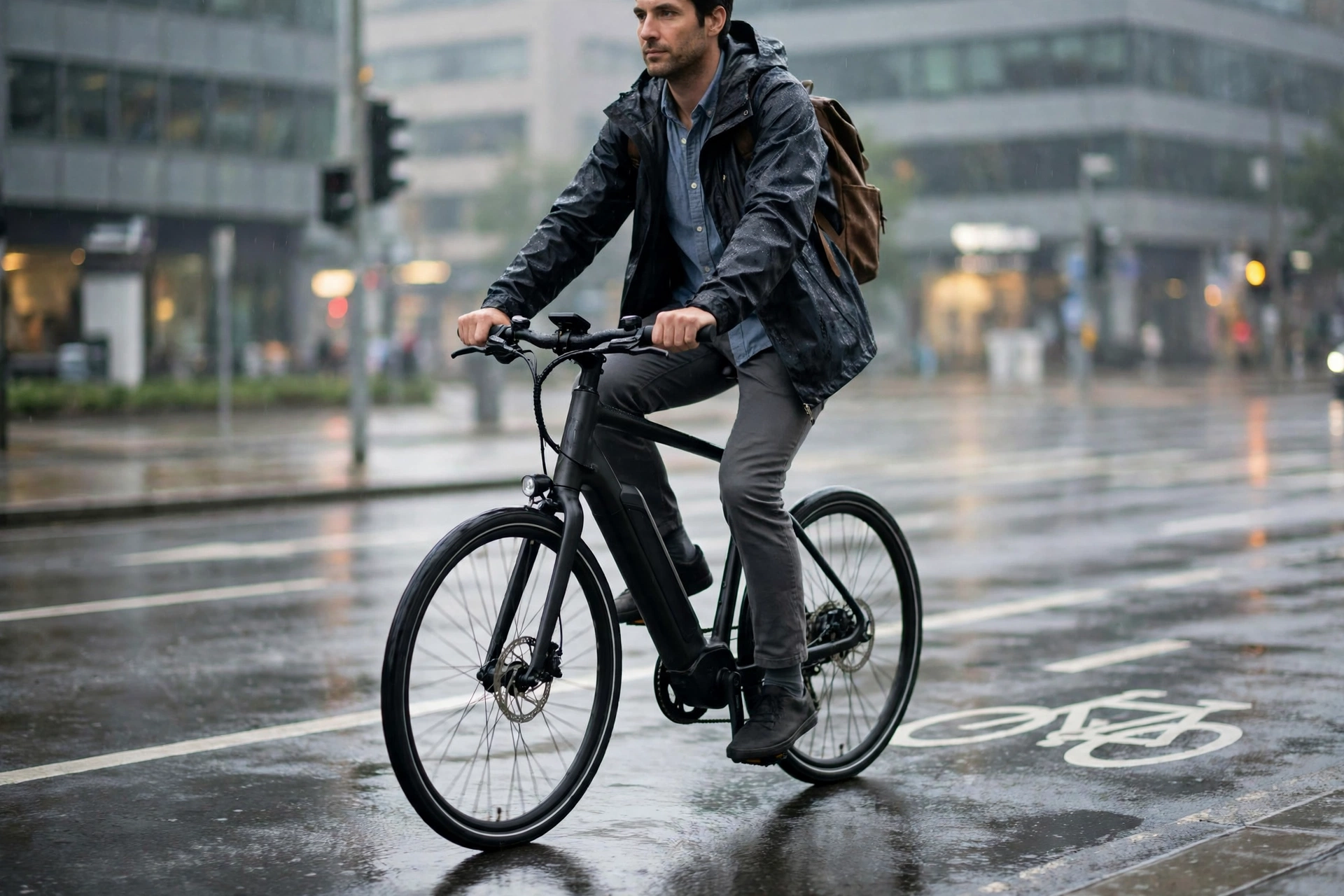 Commuter in a rain jacket riding the matte black soltera 2.5 e bike along a wet city bike lane in morning light