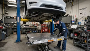 Tesla battery replacement cost: technician lowering a battery pack from a Tesla on a workshop lift