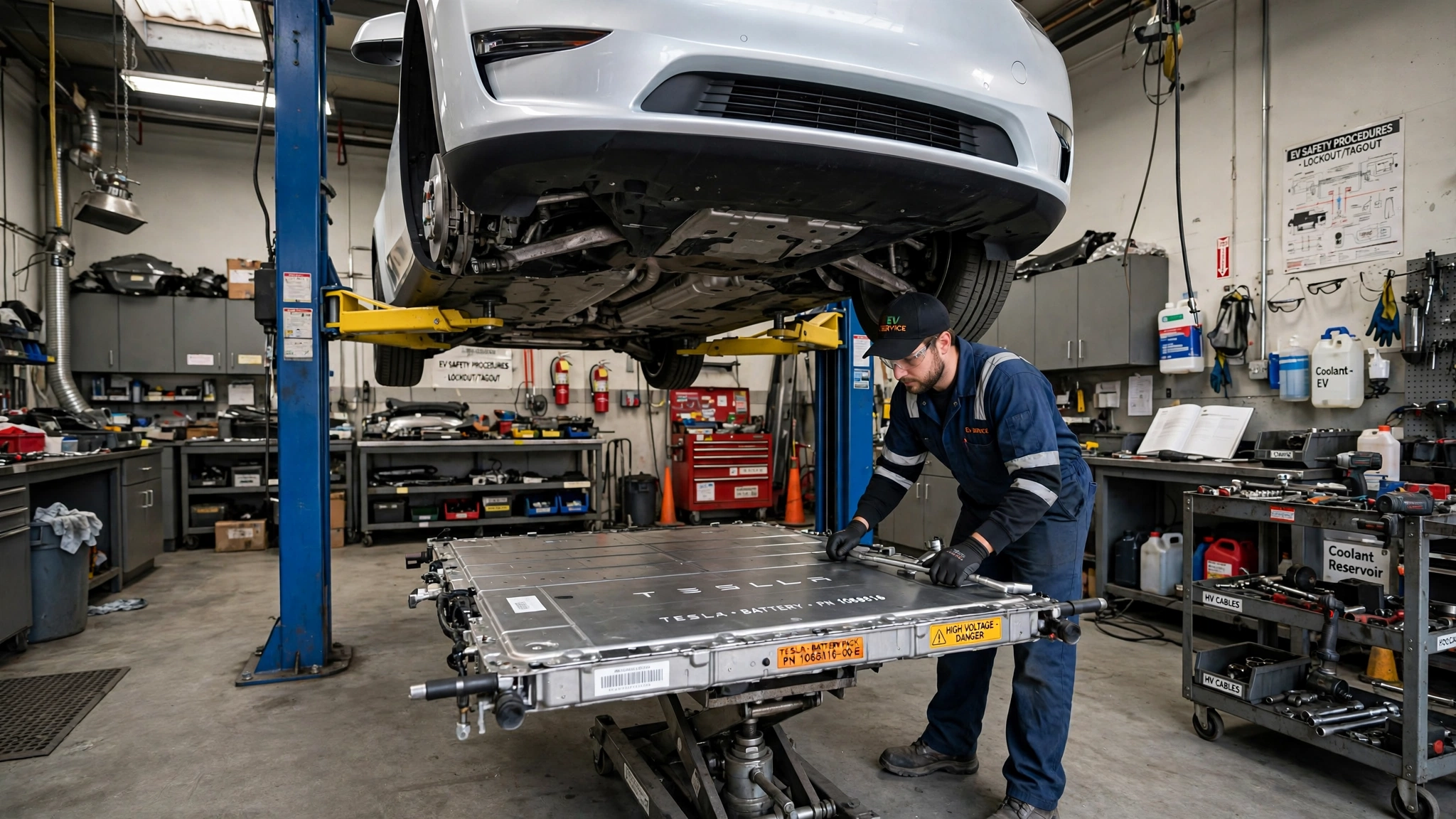 Tesla battery replacement cost: technician lowering a battery pack from a Tesla on a workshop lift