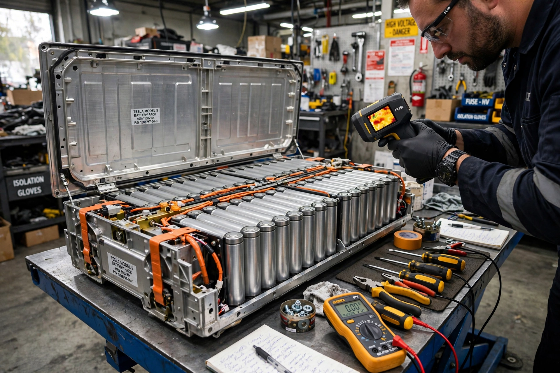 Technician inspecting an opened Tesla battery pack with a thermal imaging camera, exposed cells and orange high-voltage cabling visible, during a tesla model s 70d battery swap
