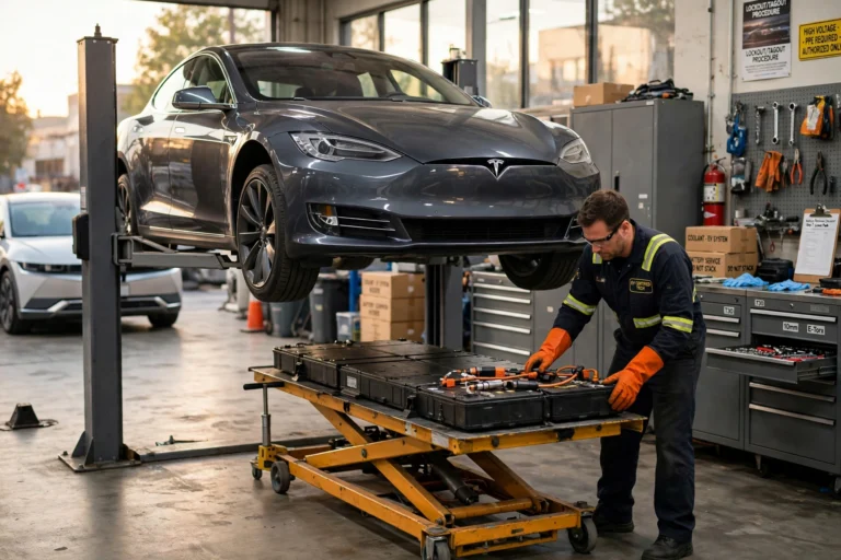 Tesla Model S raised on a workshop lift with its battery pack lowered onto a lift table by a technician in orange high-voltage gloves during a tesla model s 70d battery swap