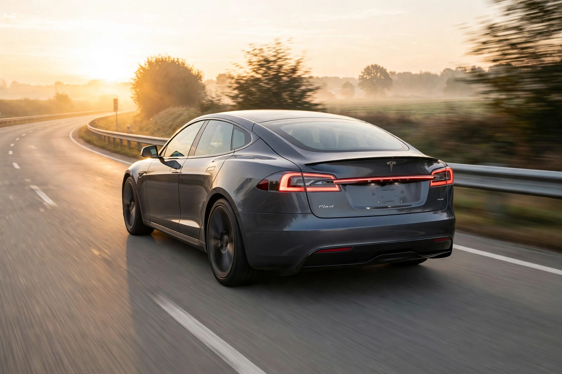 Stealth Grey tesla model s plaid accelerating onto an empty motorway on-ramp at sunrise, seen from the rear three-quarter
