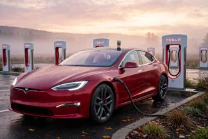 Ultra Red tesla model s plaid plugged into a Tesla Supercharger at dawn with a coffee cup resting on its roof