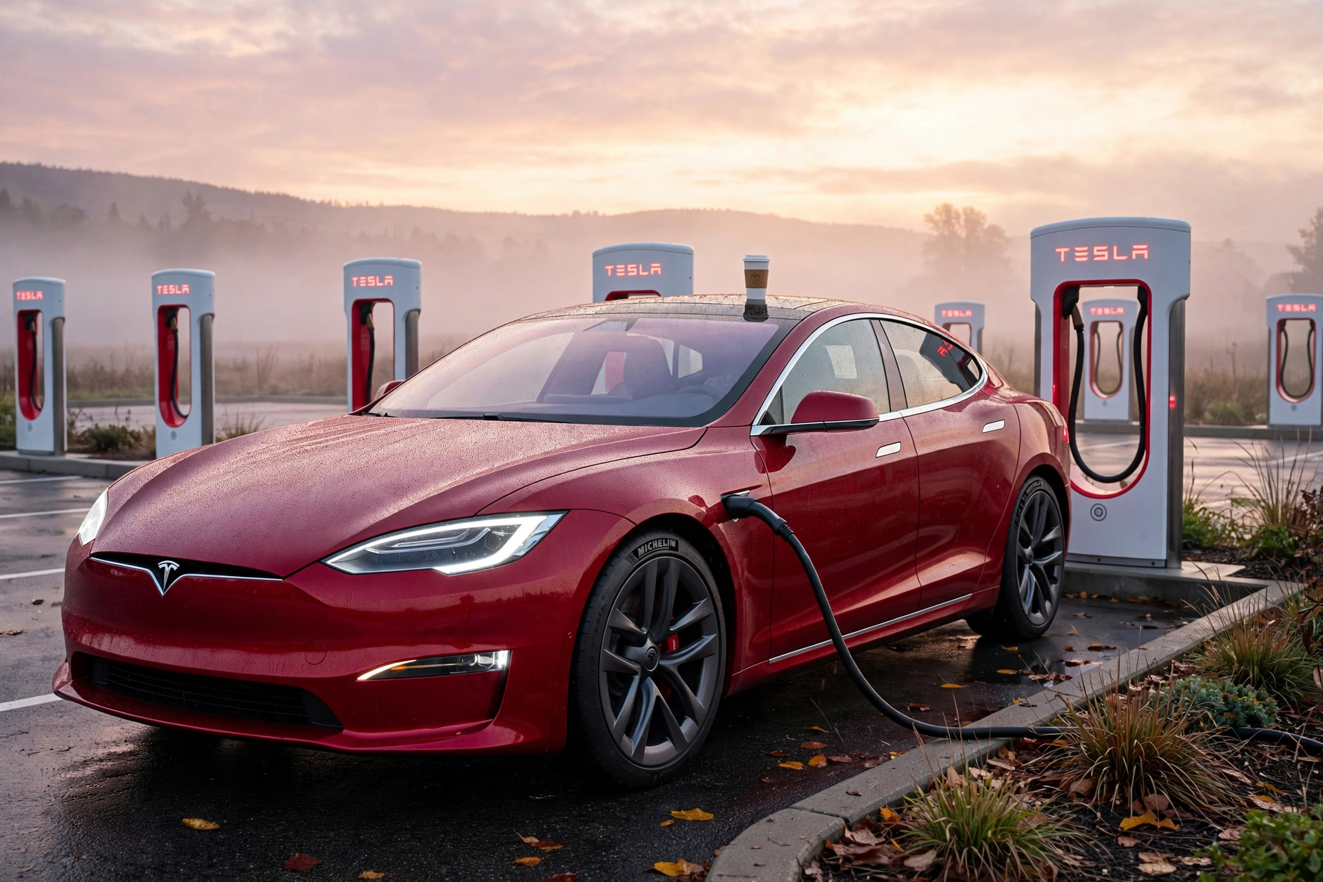 Ultra Red tesla model s plaid plugged into a Tesla Supercharger at dawn with a coffee cup resting on its roof