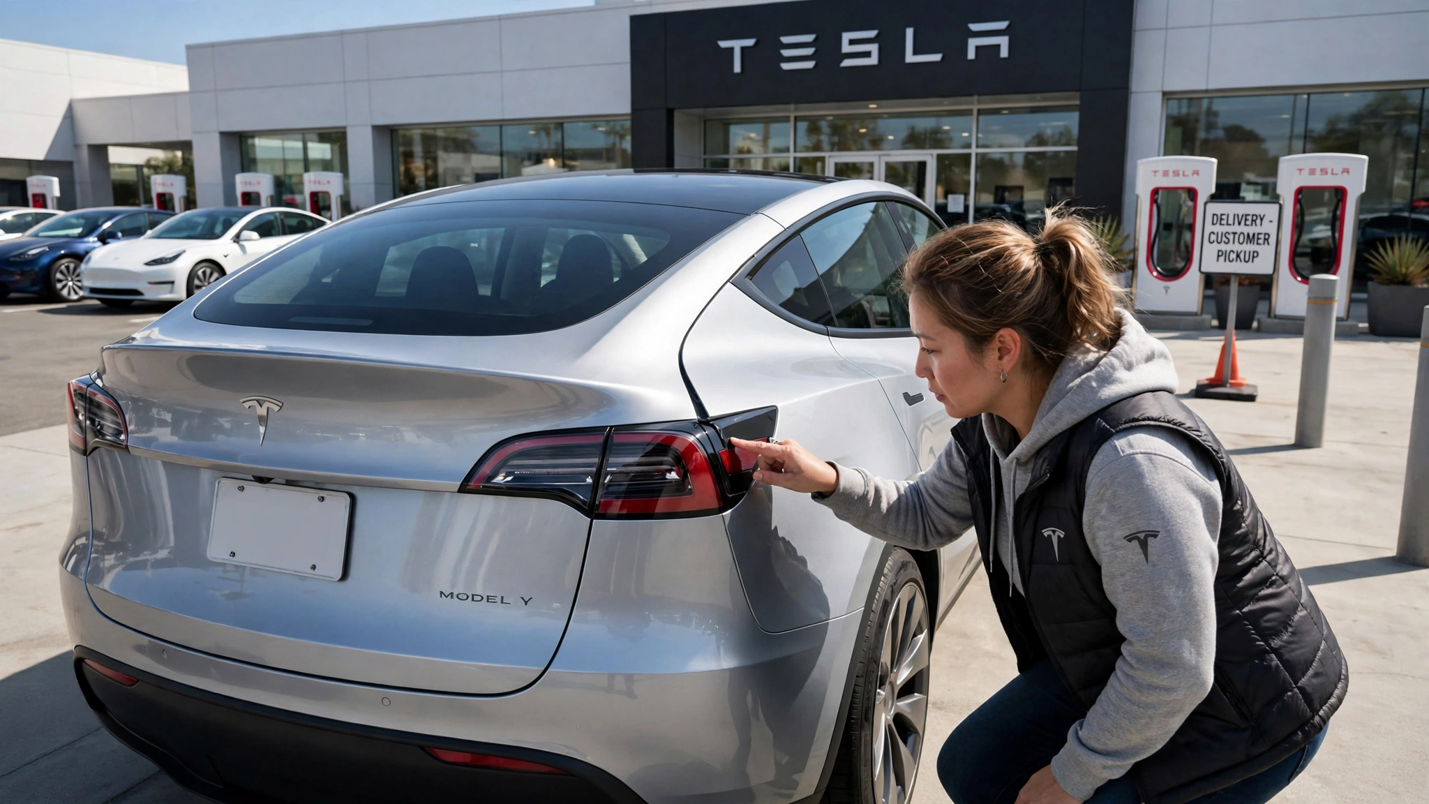 Owner checking Tesla Model Y problems like uneven panel gaps along the rear hatch at delivery
