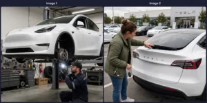 Tesla Model Y problems: mechanic inspecting the front suspension of a Model Y raised on a workshop lift